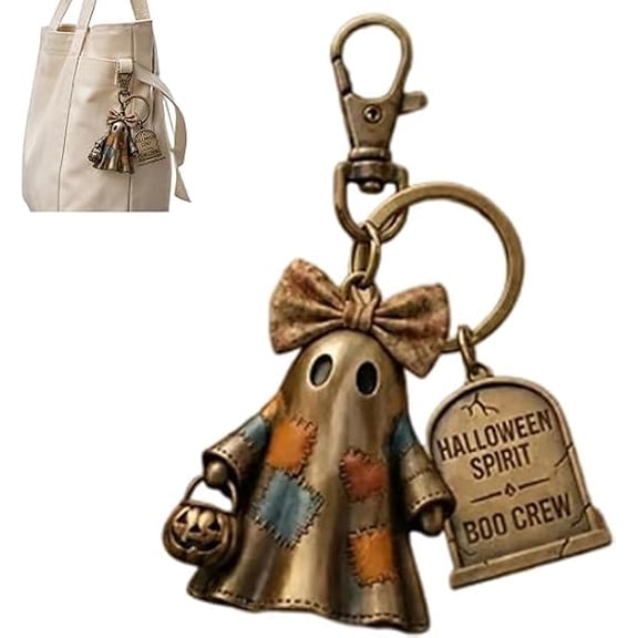 Halloween Ghost Keychain, Vintage Patchwork Ghost Charm with Tombstone Pendant, Backpack, Handbag, Car Keys(M)