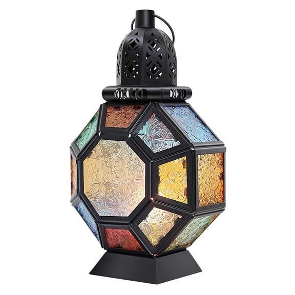 Rollbacks & More Retro Iron Candle Lantern,Portable Moroccan Stained Glass Holder Hanging Lamp Horse Light Wind Lantern,Home Decor
