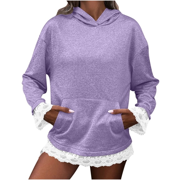 Sexlip Oversized Hoodies for Women Lace Trim Long Sleeve Hooded Sweatshirt Casual Trendy Fashion Splice Loose Fit Top Purple L