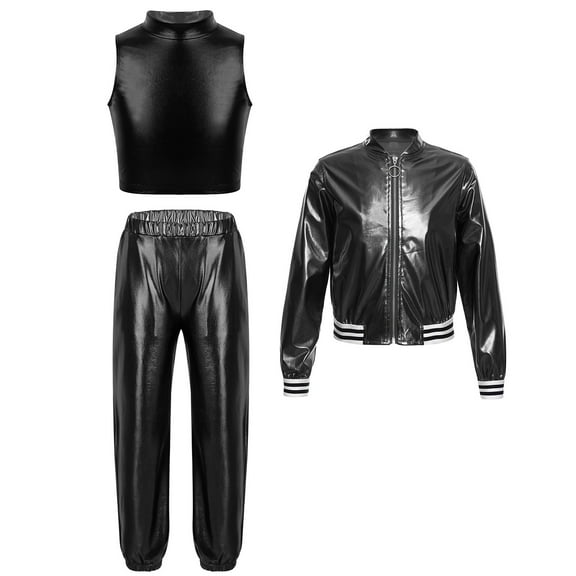 Alvivi 3Pcs Girls Hip Hop Clothes Set Performance Costumes Metallic Bomber Jacket Crop Top with Pants Set Black 16