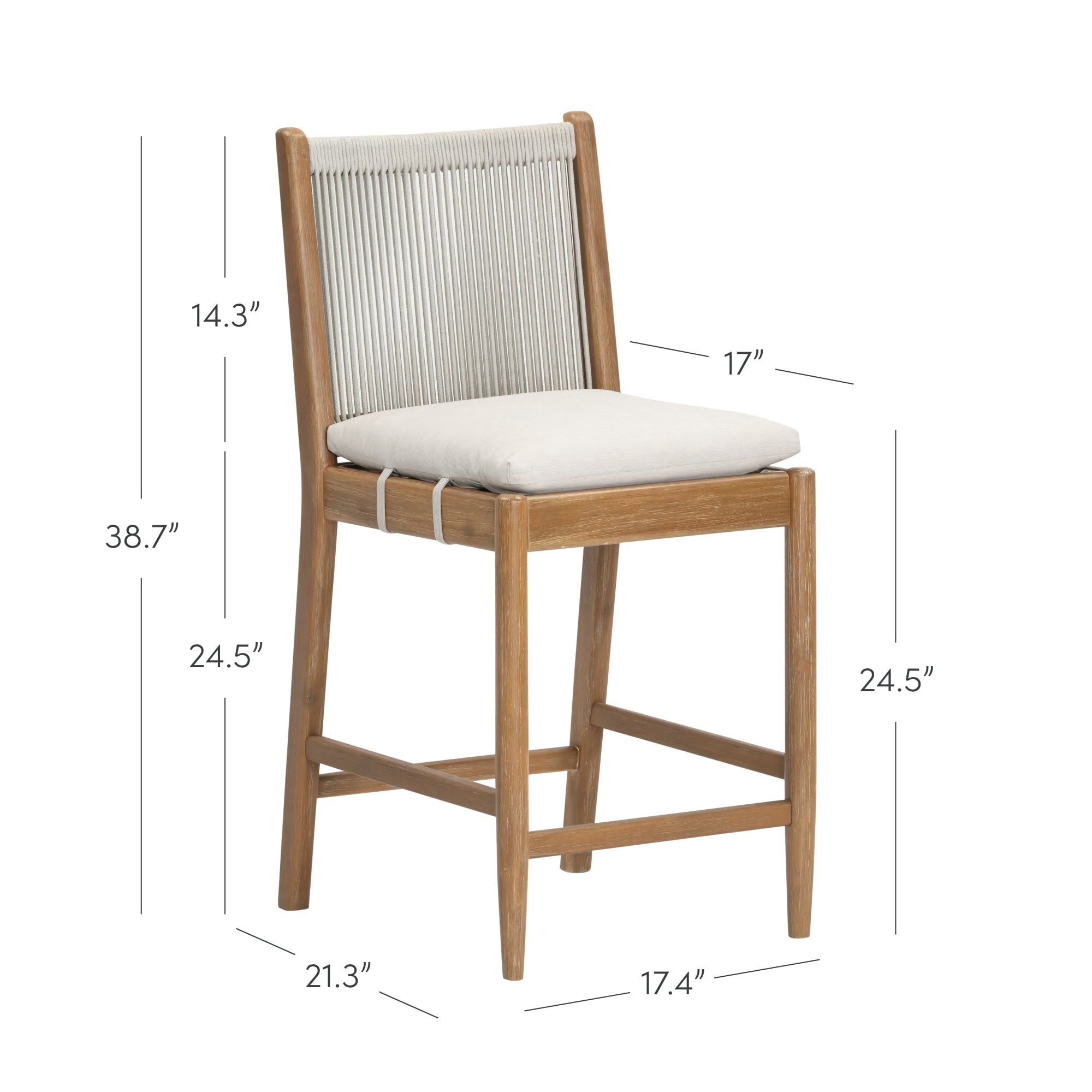 Nathan James Kayden Solid Wood Bar Stool with Woven Rope Backrest, Upholstered Bar Stool with Back, Counter Height Stools for Bar or Patio