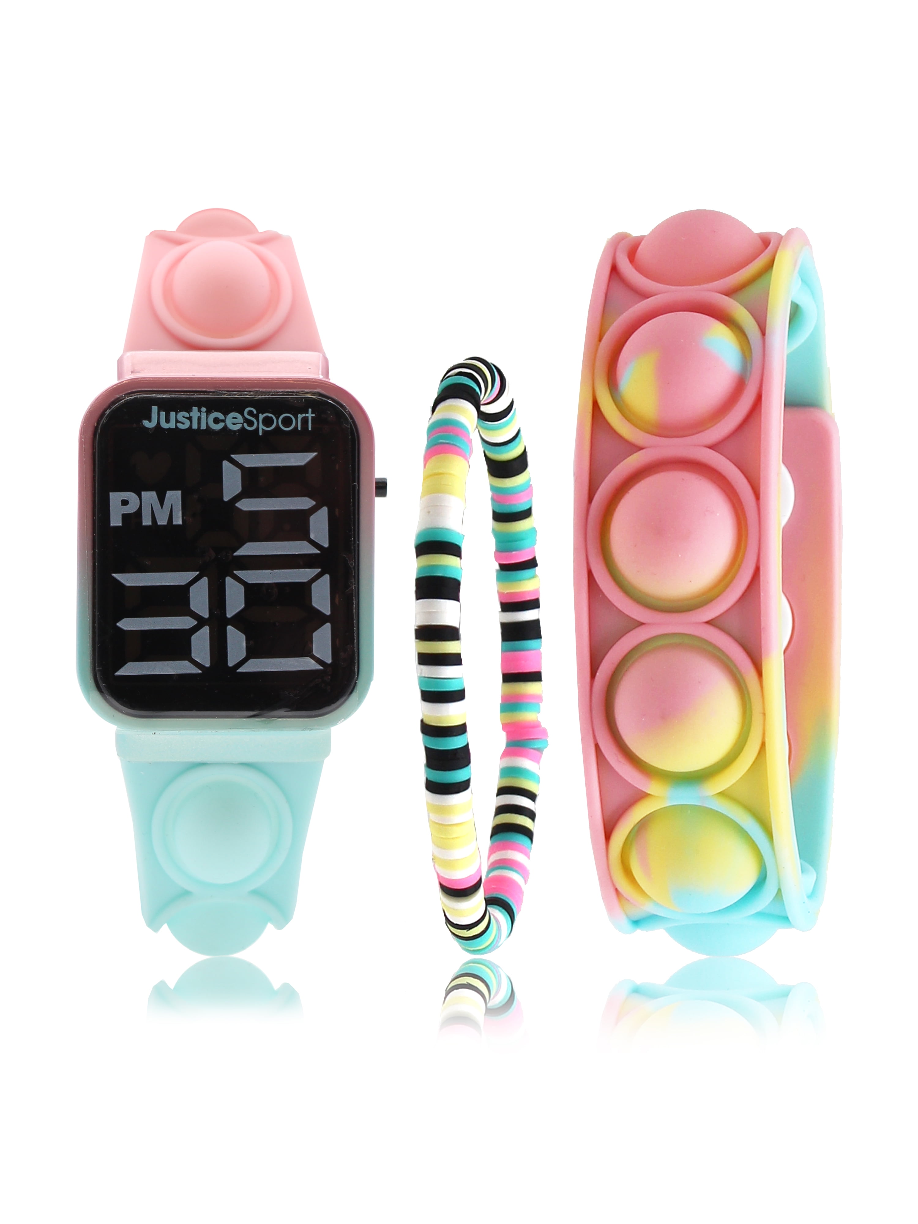 Justice Girls Watch & Bracelet Set in Pastel Colors with Popper Fidget