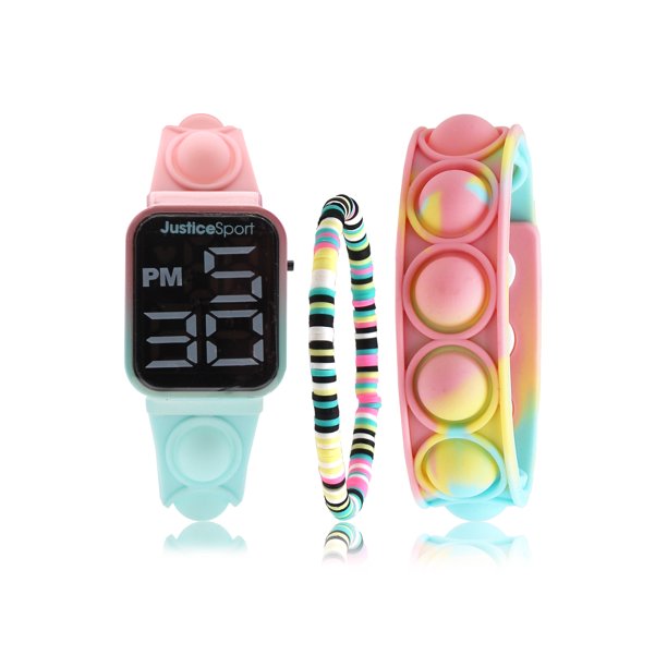 Justice Girls Watch & Bracelet Set in Pastel Colors with Popper Fidget