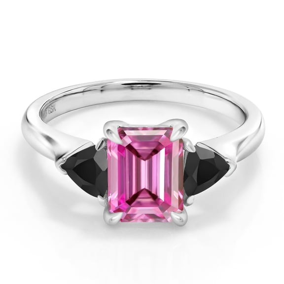 Gem Stone King 925 Sterling Silver 3-Stone Ring Octagon Pink Moissanite and Onyx Black (1.99 Cttw, Size 9)