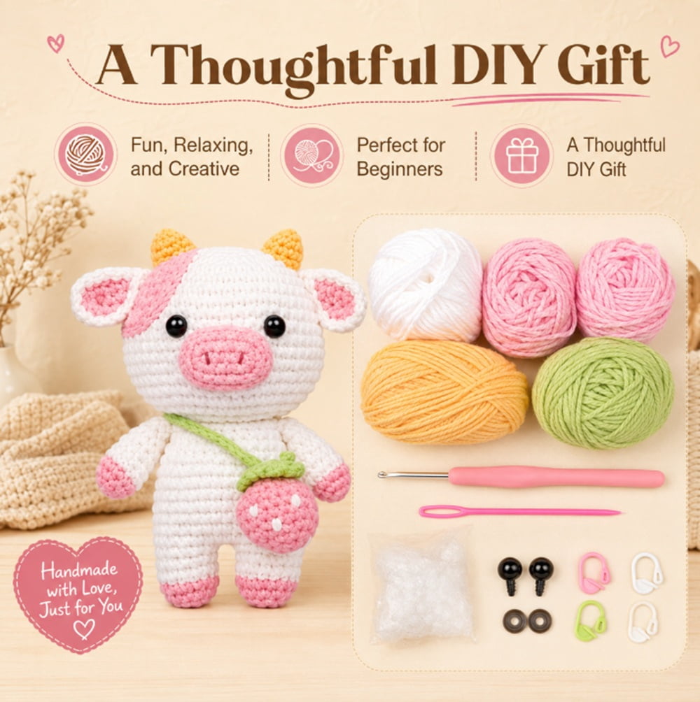 Strawberry Pig Crochet Kit for Beginners, Pig Amigurumi Starter Set with Step by Step Video Tutorials, TIKA