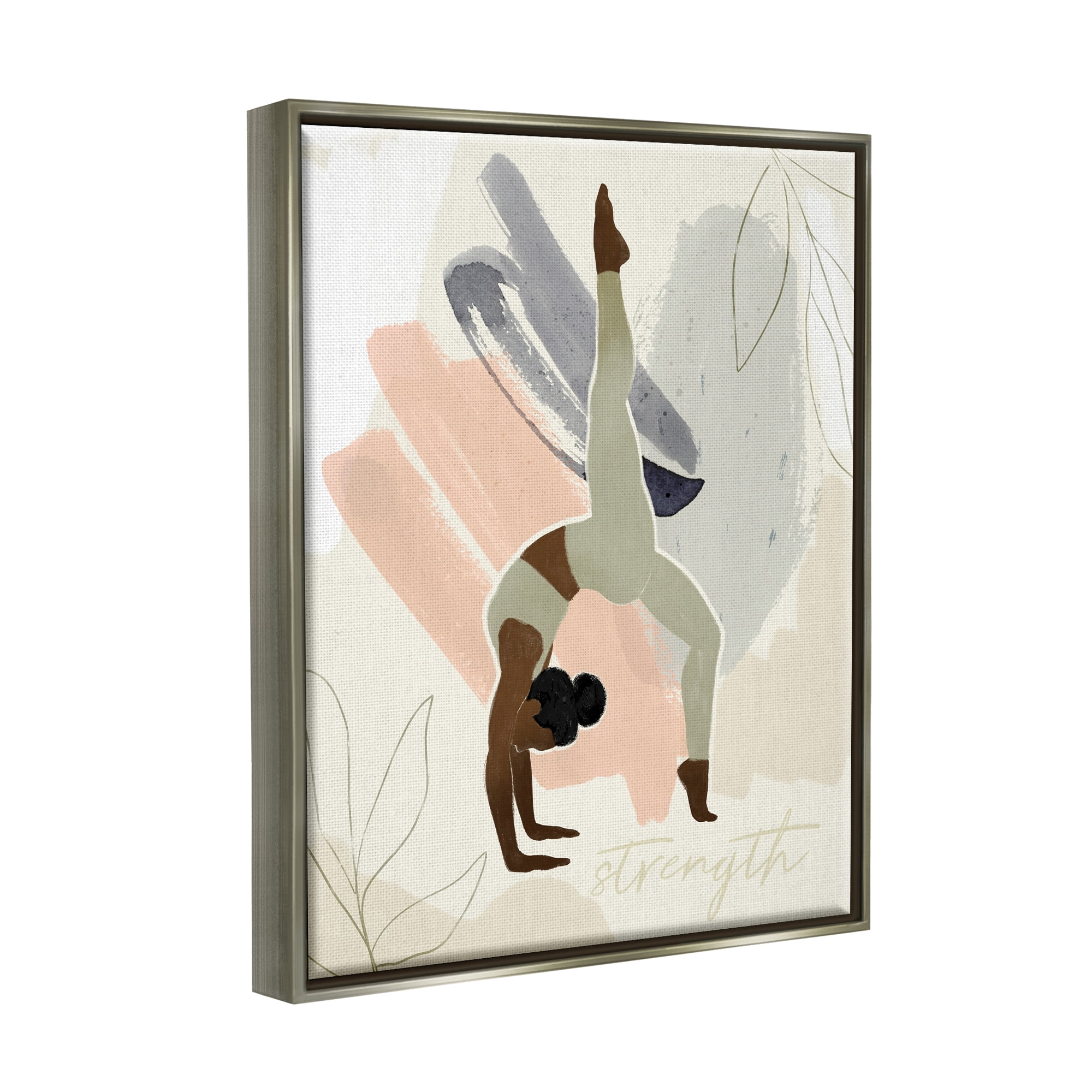 Stupell Industries Stretching Yoga Pose Strength Text Floral Border Luster Gray Framed Floating Canvas Wall Art, 24x30, by Victoria Barnes