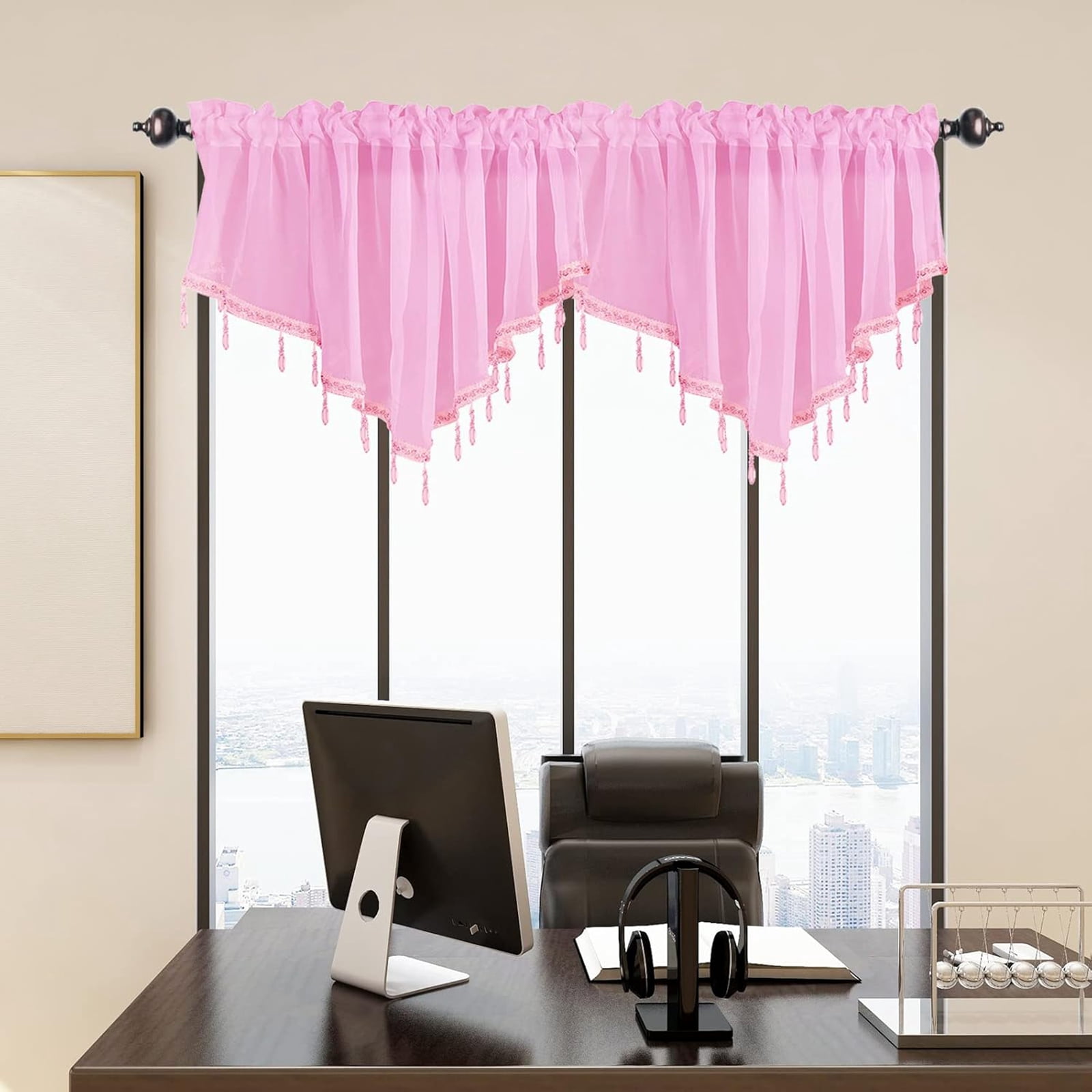 Moqsnm 3 Piece Beaded Triangle Sheer Valance Curtains for Windows Kitchen Living Room Bathroom Bedroom Voile Sheer Rod Pocket Short Window Valance Curtains (Pink,51"x24")