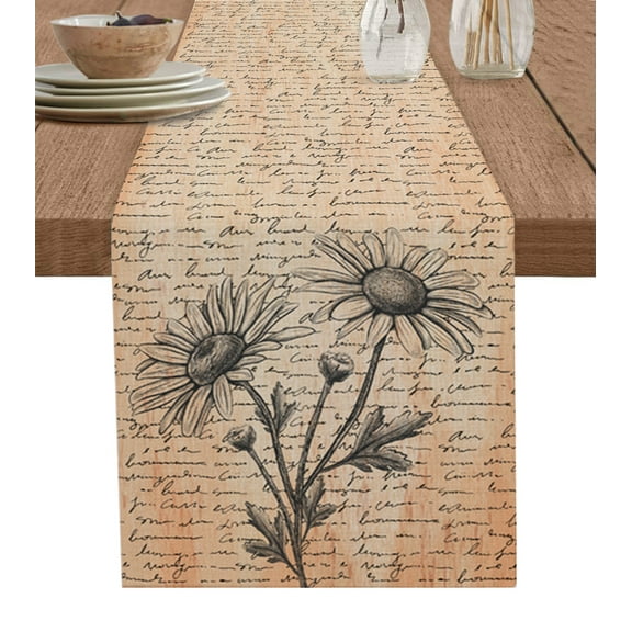 Table Runner Dresser Scarf 13 x 90 Inch Vintage Daisy Letter Beige Texture Table Runners Non Slip Heat Kitchen Dining Table Decor for Kitchen Farmhouse Indoor Outdoor Home Party