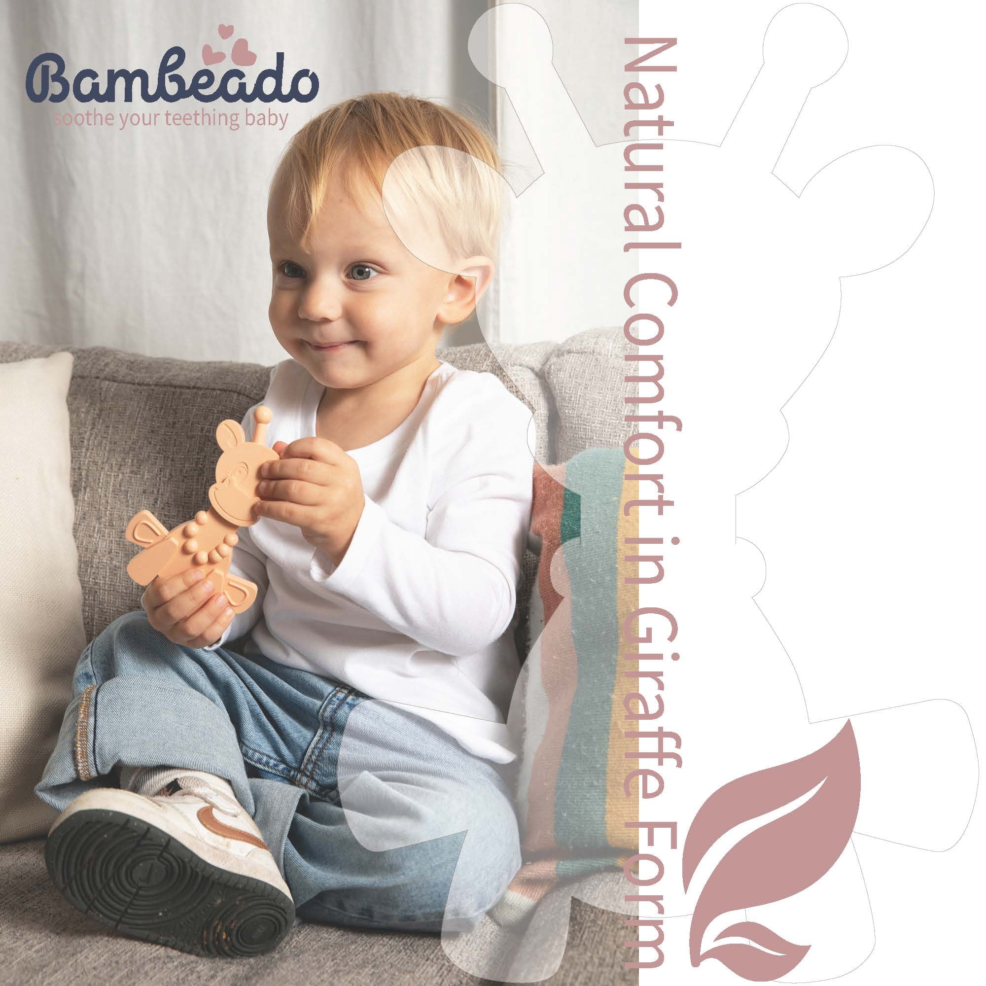 Bambeado Rubber and Amber Baby Teether Toy - 100% Natural Baltic Amber Infused Rubber Giraffe Teething Toy (Pink)