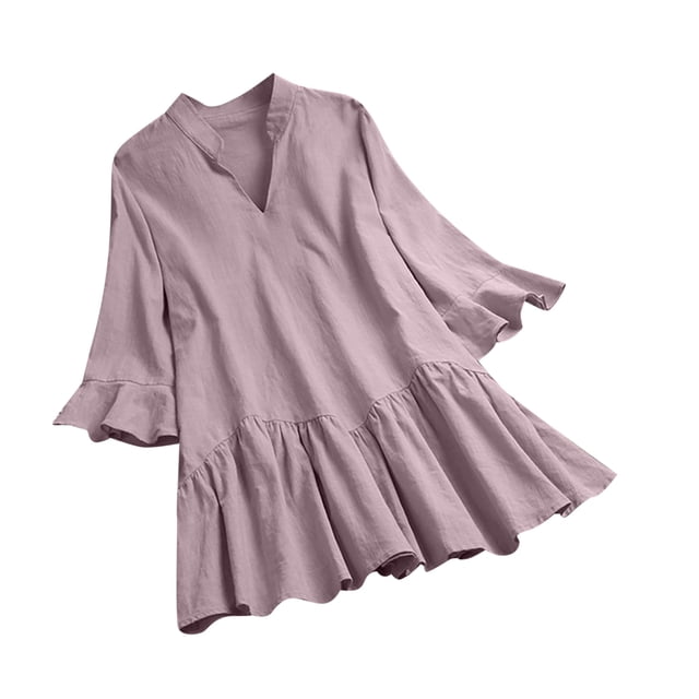 Tops de Mujer Elegantes Blusas Casuales Camisas de Moda Camiseta de Color Sólido Manga de Trompeta Manga Corta Cuello en V Odeerbi ODB168709