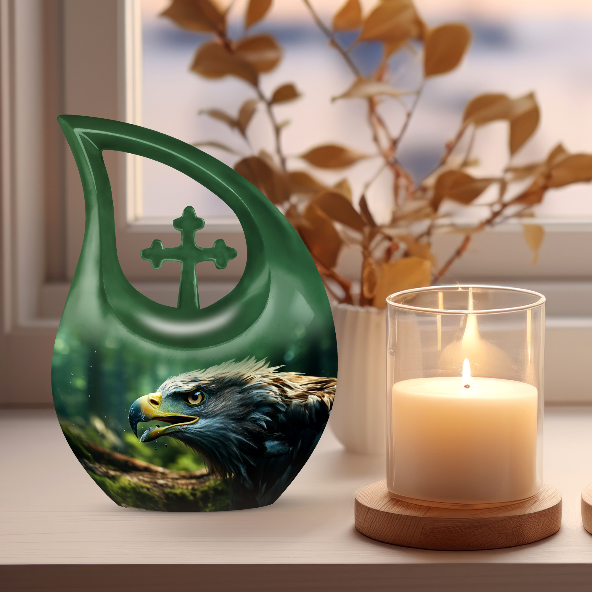 MUKTIVE Eagle Cremation Urns for Ashes for Men and Women - Large Cross Drop Burial Urn for Human Ashes - Green Funeral Urn with Lid - Memorial Gifts for Loss of Mom and Dad, 10 Inch