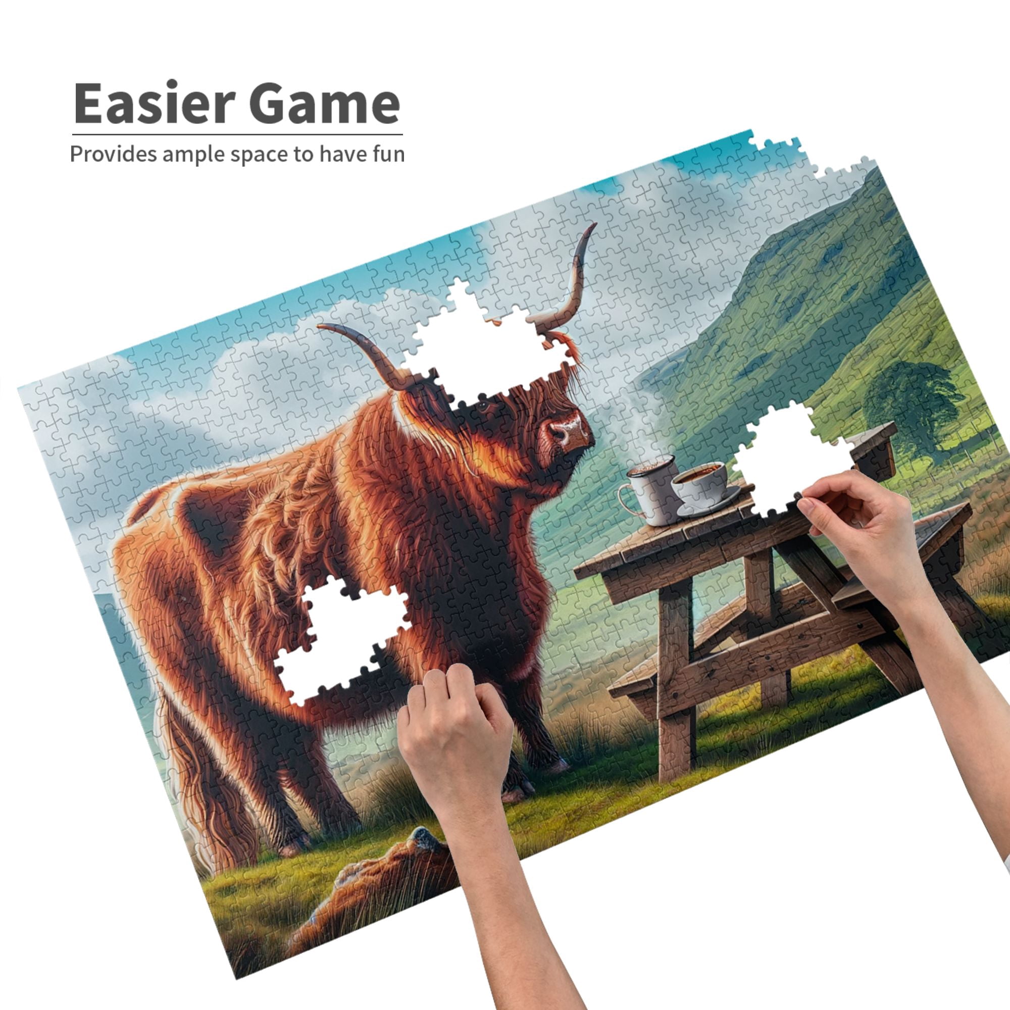 1000 PCS Coffee Break At Highland Cow 1000 Piece Animal Puzzles,Wonderful Imagination,Modern Style Animal Wooden Puzzle As Home Wall Decor,Ideal For Relaxation And Family Fun
