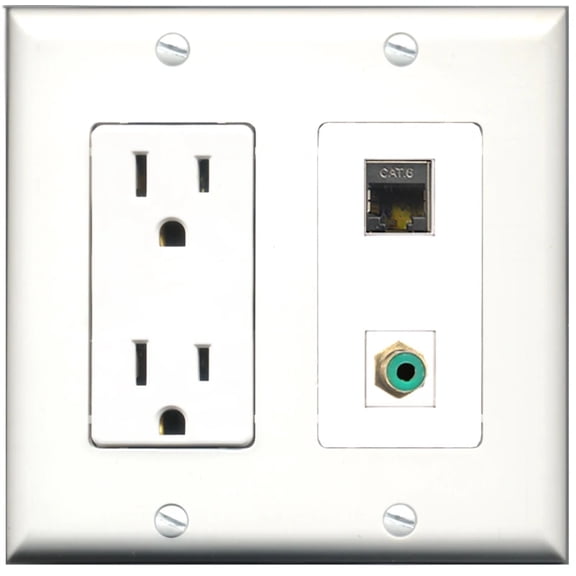 Ultra Spec Cables 15 Amp Power Outlet 1 Port RCA Green 1 Port Shielded Cat6 Wall Plate