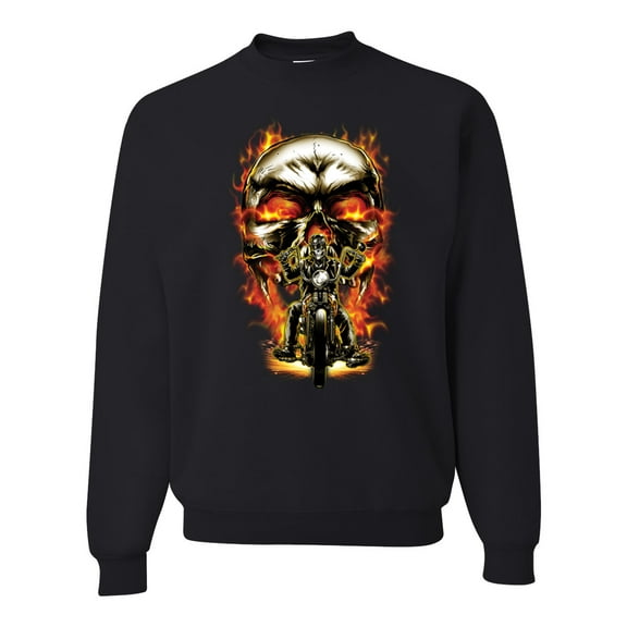 Flaming Motorycle Hell Fire Skull Biker | Mens Fashion Crewneck Graphic Sweatshirt, Black, Small