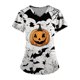 thumbnail image 1 of Camiseta de manga corta con cuello en V y temática de Halloween para mujer: estampado espeluznante de calabaza y telaraña, 1 of 3