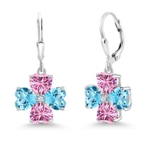 Gem Stone King 925 Sterling Silver Swiss Blue Topaz and Pink Moissanite Dangle Earrings for Women (7.02 Cttw, Gemstone November Birthstone, Heart Shape 6MM)