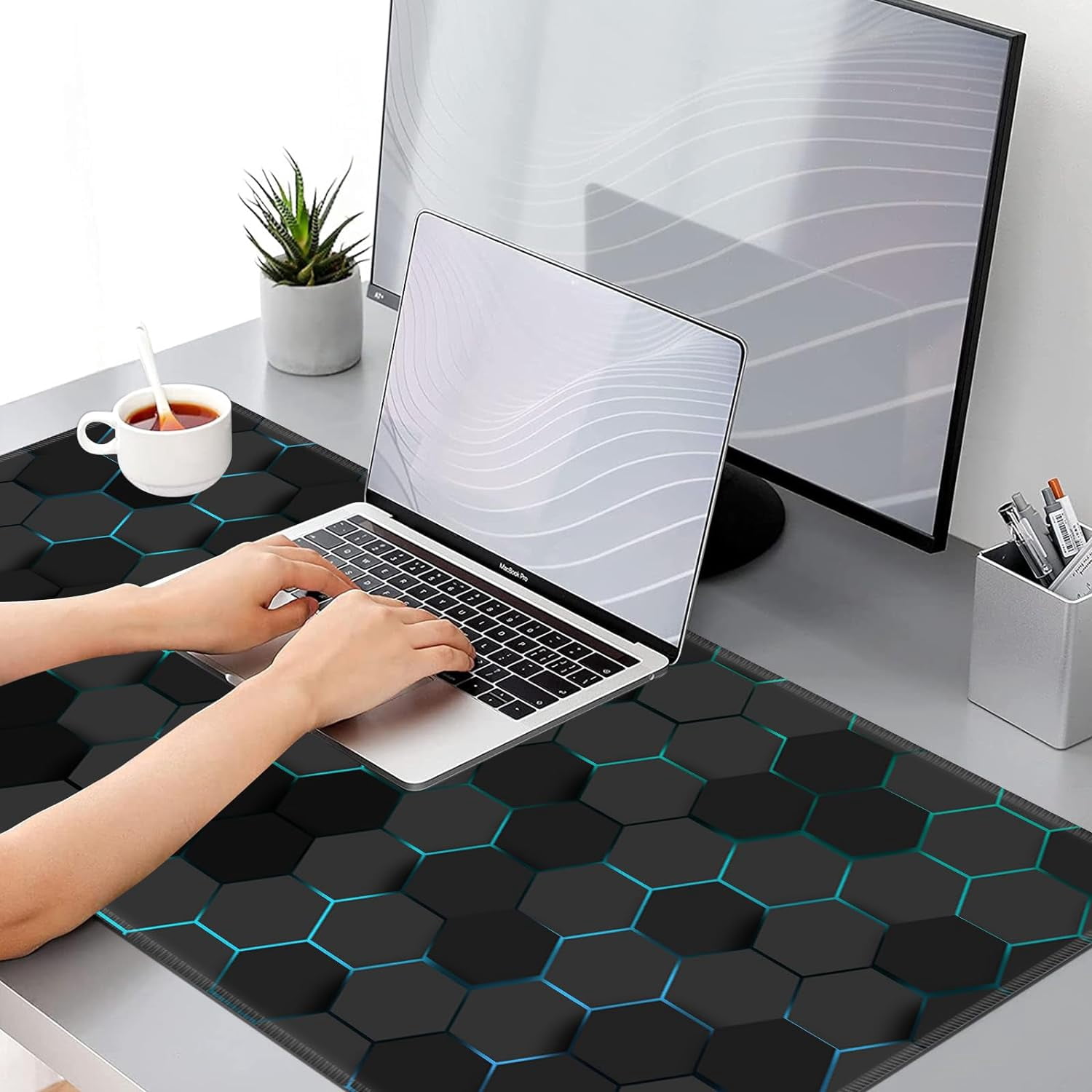 Gaming Mouse Pad, Keyboard Mouse Pad 31.5x15.7 inch XXL Large Computer Laptop Cool Desk Mat with Non-Slip Rubber Base and Stitched Edge for Home Office Work, Blue Honeycomb
