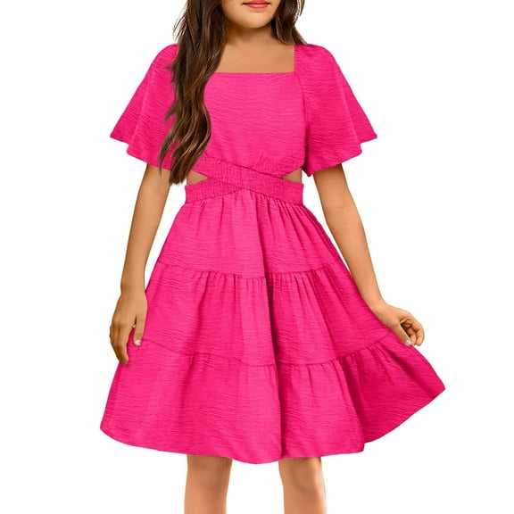 Arshiner Girls Summer Dresses Chic Waist Hollow Square Neck Shirred Ruffle Hem A-Line Dress