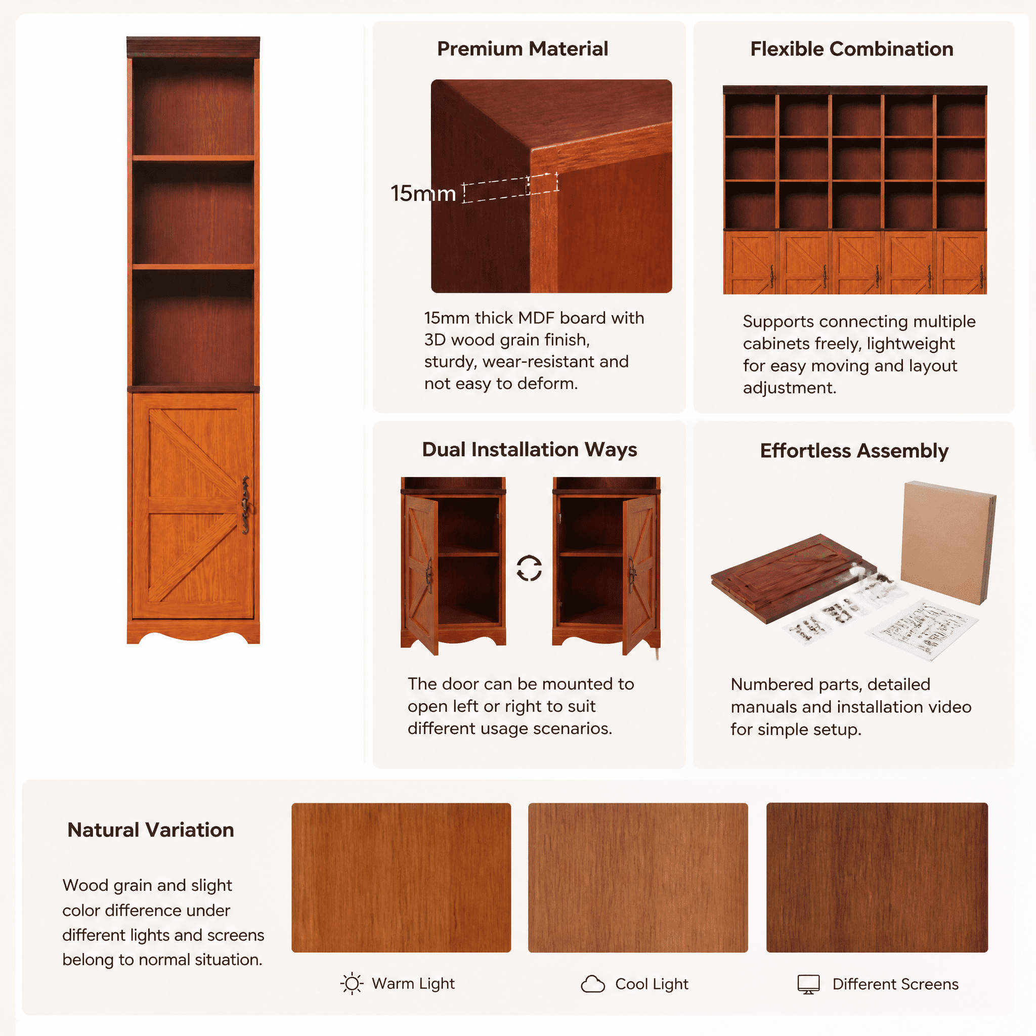70.86" Tall 5-Shelf Storage Cabinet, Freestanding MDF Bookshelf, DIY Combinable Display Cabinet for Living Room Bedroom