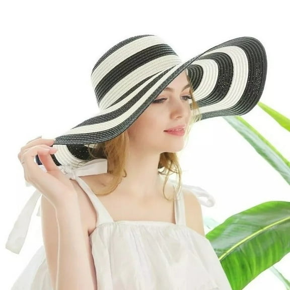 Big Eaves Anti-UV Sun Hat Women Ladies Floppy Straw Hats Wide Brim Beach Cap Women's Summer Large Floppy Folding Stripe Wide Brim