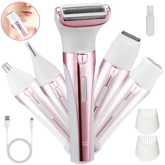 TURKIO 5-in-1 Rechargeable Cordless Electric Razor for Women, Trimmer for Women with Face, Nose, Eyebrow, Arms, Armpit, Legs, Pink