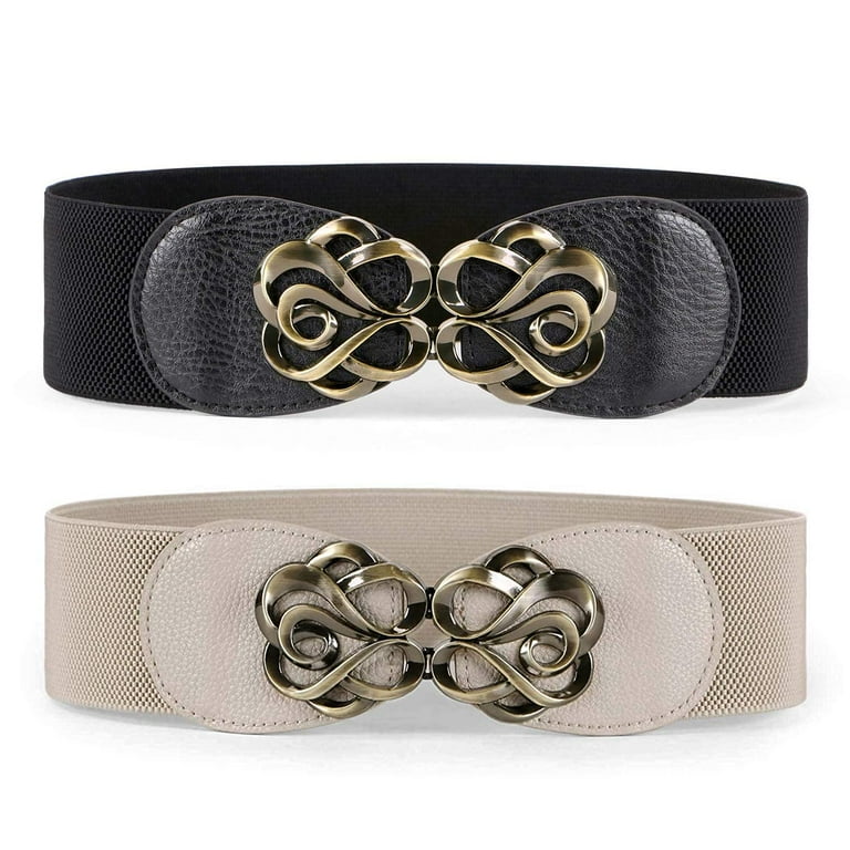 Suosdey Women's Stretchy Belts with Vintage Flower Buckle, 2 Pack photo 1