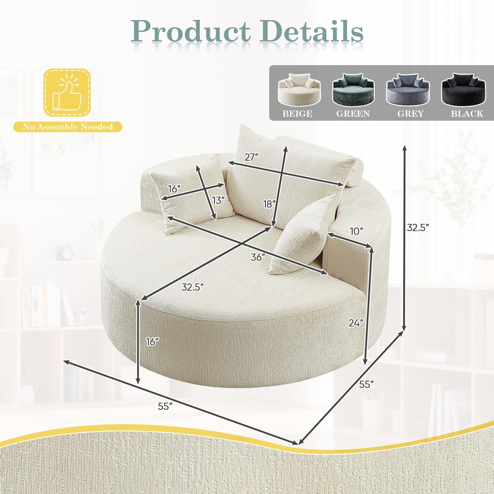 Aukfa 55" Oversized Chenille Chaise Lounge Chair Indoor, Round Boneless Sleeper Chair with Deep Seat & Pillows, Beige
