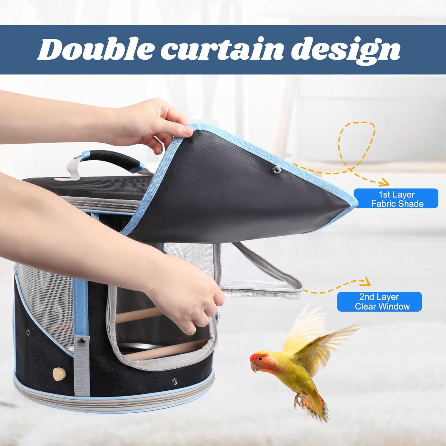 Small to Medium Birds Carrier Cage, Portable Handle Carrying Cylindrical Bird House with Metal Tray and Two (2) Wooden Stand Perch, Front Shade with Clear View