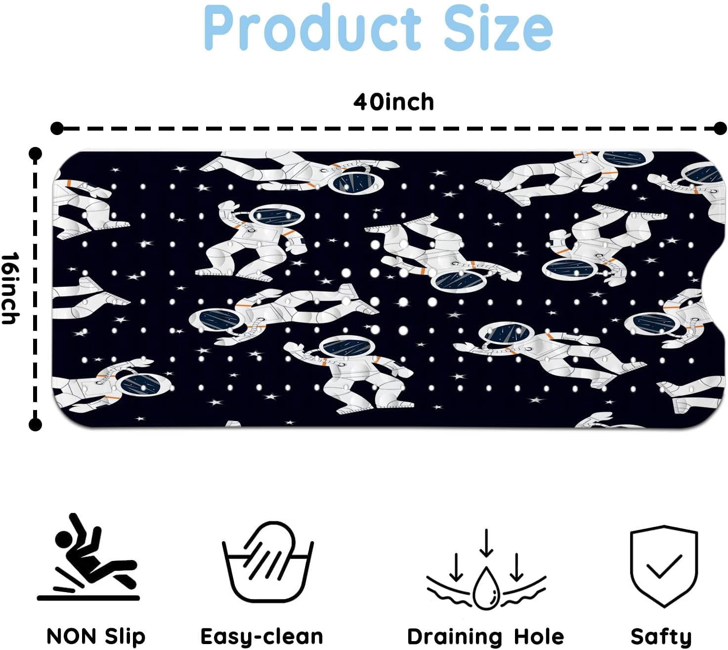 Bathtub Mats for Kids, Black Astronaut Bath Mat for Tub Non Slip, 40 X 16 Inch Large Washable Bathtub Mat Non Slip for Showers with Drain Holes and Suction Cups