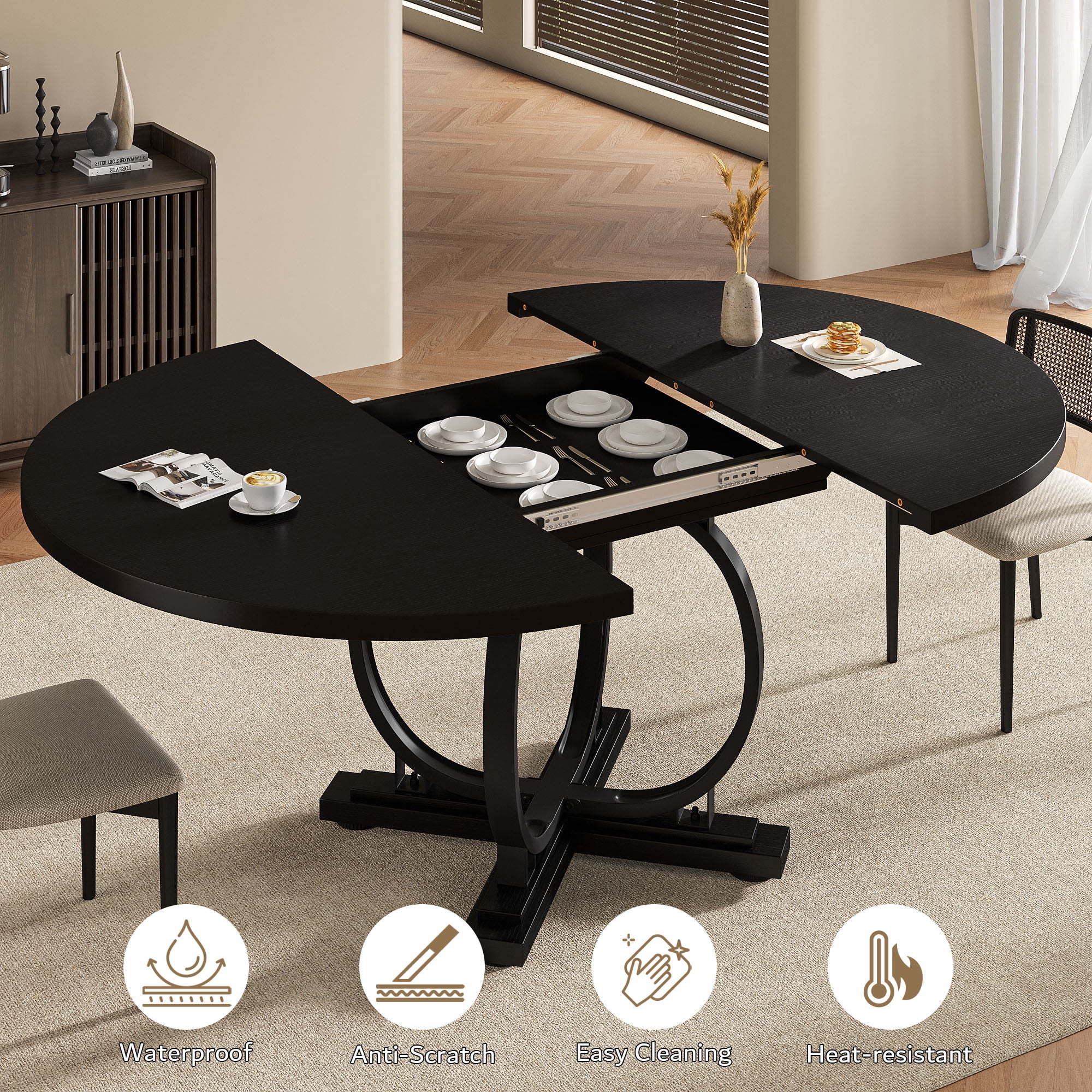 Einhomn 59”Extendable Round Dining Table for 4-8 ,Dining Room Table with X-Shaped Heavy Duty Metal Base,Thickened MDF Board,Modern Kitchen Dining Table,Space Saving,Black