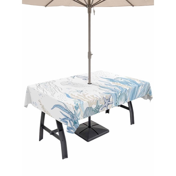 Outdoor Tablecloth with Umbrella Hole for Patio/Picnic/Party/Camping, Seahorse Coastal Waterproof Table Cloth Rectangle Table Cover Washable, Summer Beach Ocean Nautical Coral (60"x 84")