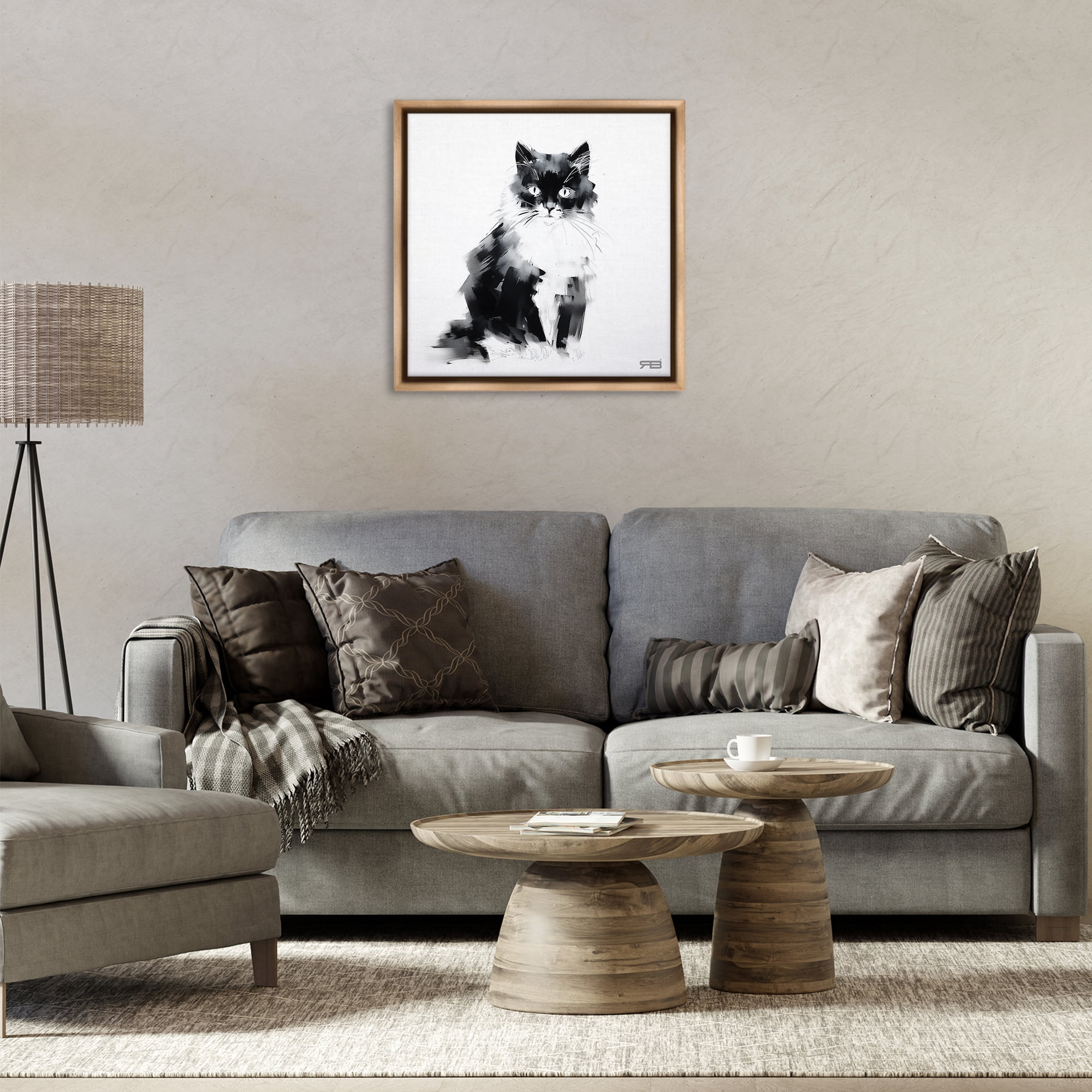 Stupell Industries Abstract Black & White Cat Animals & Insects Painting Brown Floater Framed Canvas Art Print Wall Art, 25 x 25
