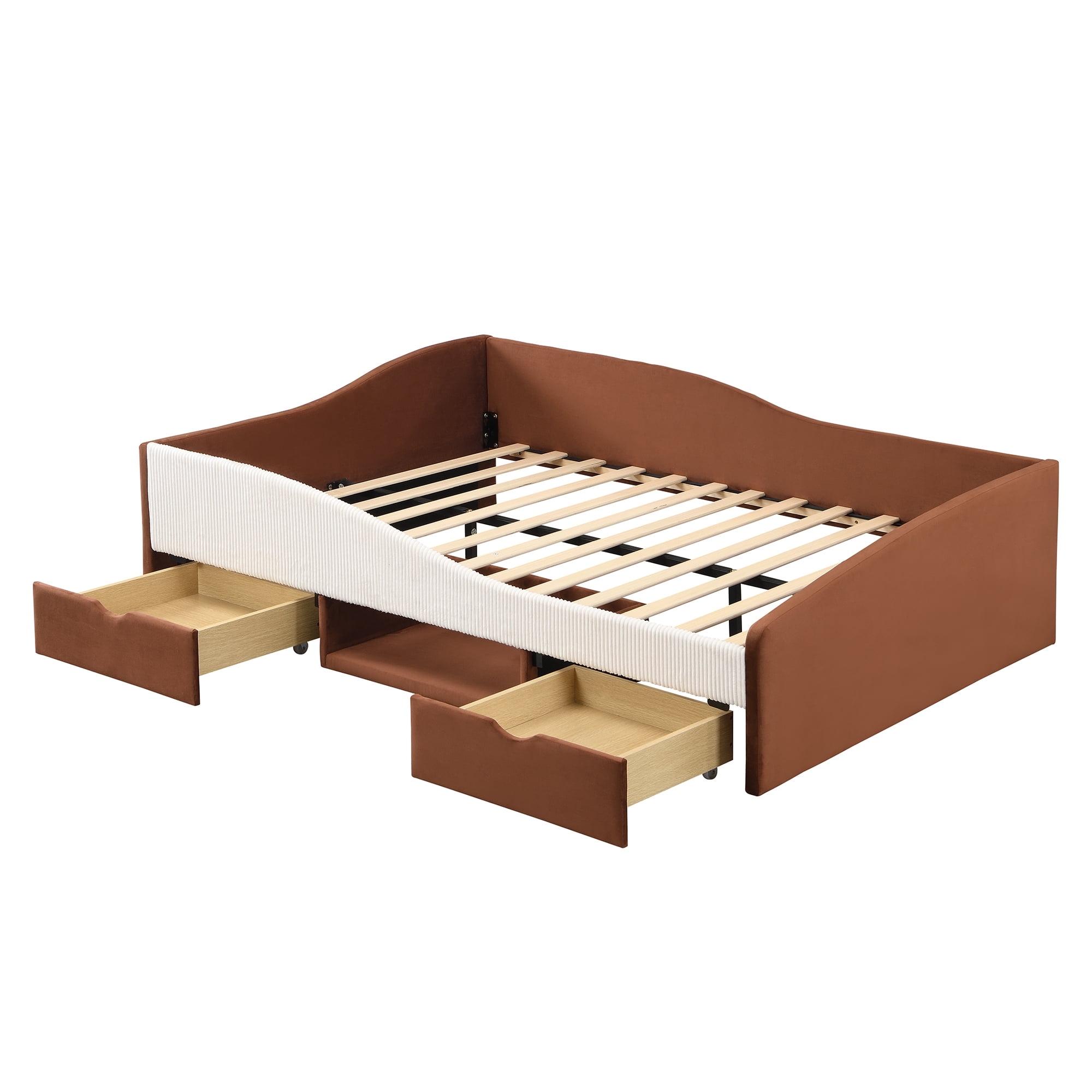 Aukfa Full Size Upholstered Daybed with 2 Storage Drawers, Shelf and Curved Guardrails, Velvet Bed Frame, Brown