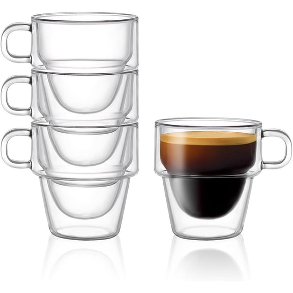 Stoiva Double Wall Insulated Espresso Glass Cups 5 oz. (150 ml) Shot Cup with Handle Stackable Thermal Clear Glass Cups, Fit for Espresso Machine and Coffee Maker Set of 4