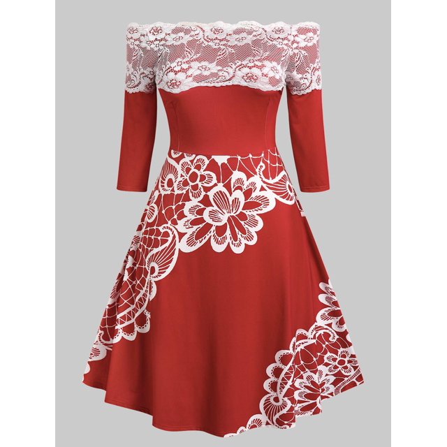 Vestido de Talla Extra con Estampado de Flores de Hombros Al Aire con Panel de Encaje Rosegal Vestidos Estampados Tallas Grandes