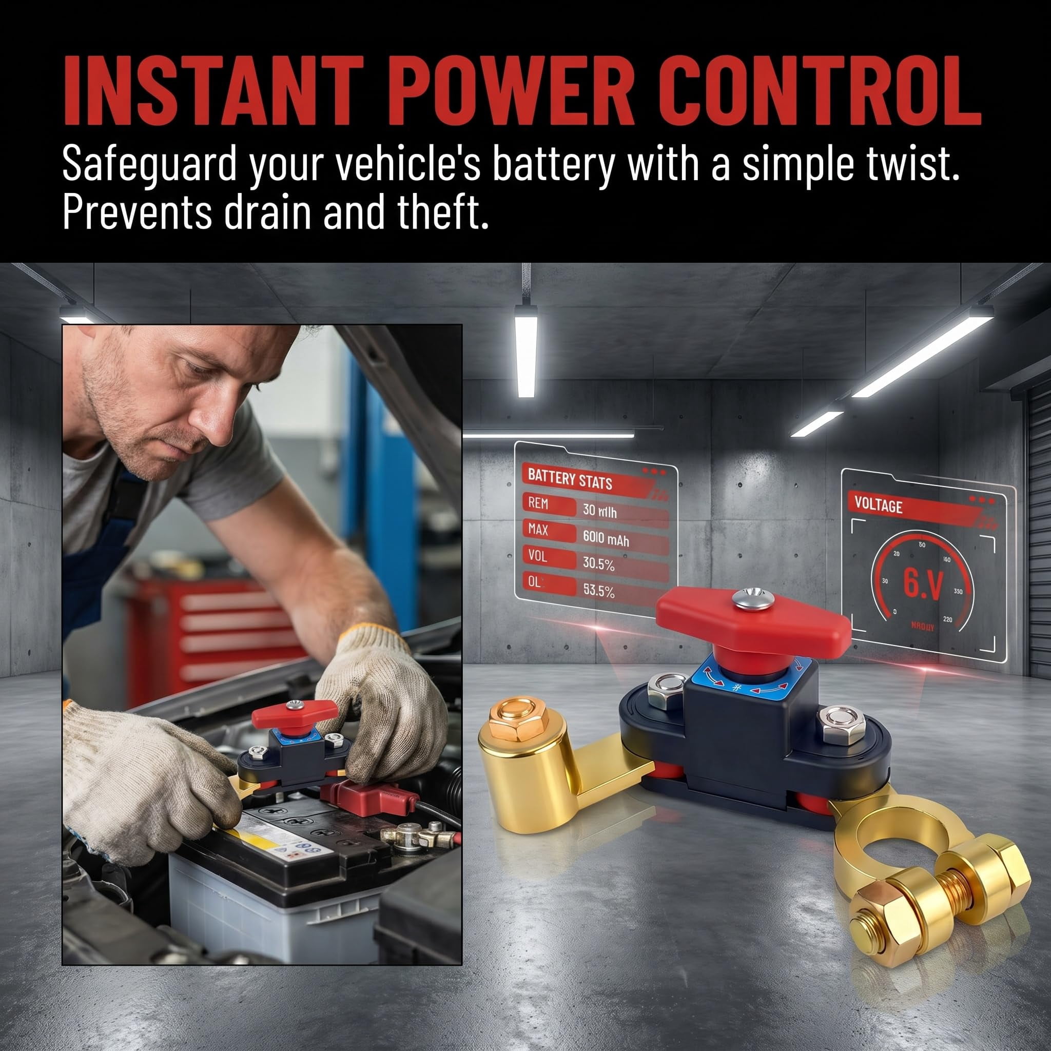 Universal Battery Disconnect Switch with Leak Protector, Pure Copper 12V-24V Car Power Cut-Off Breaker, Adjustable Terminals for Truck, Boat, RV