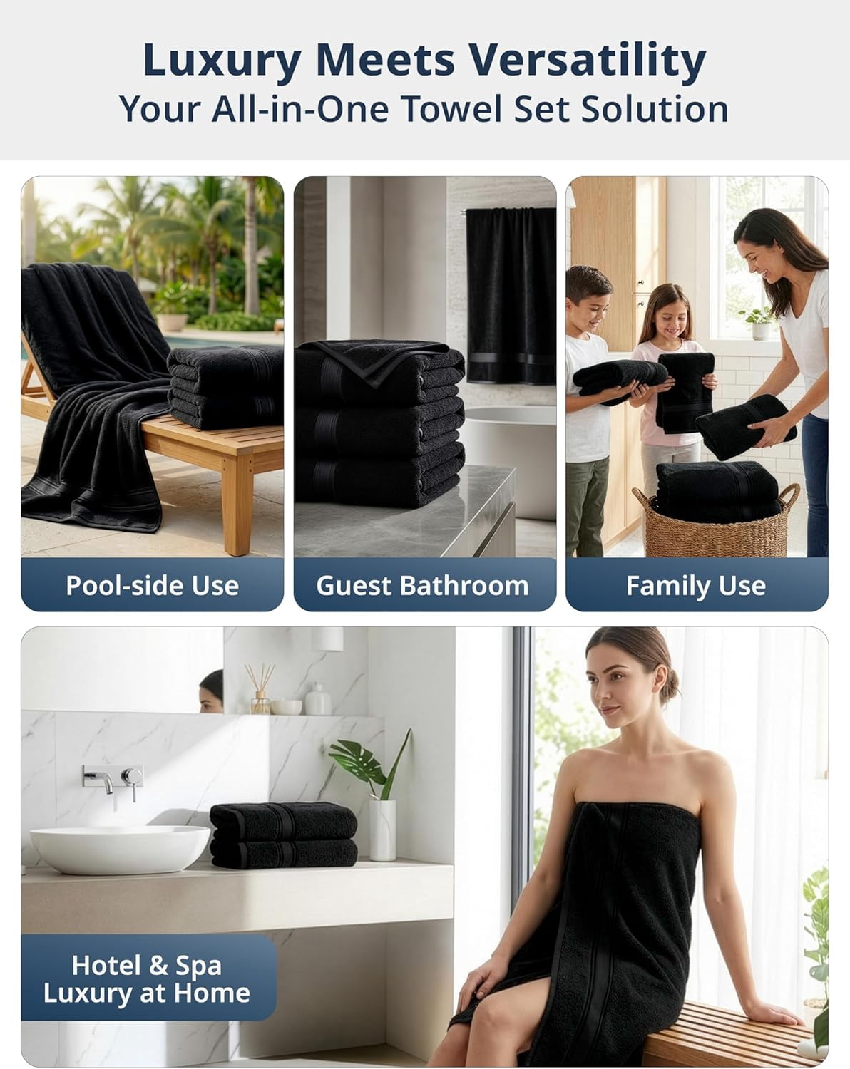 100% Cotton Bath Towels 4 Pack (28"x54") - Zero Twist, Mercerized Cotton Large Towel Set for Bathroom - Quick Dry, Soft & Absorbent Large Bath Towel Set - Oeko Tex Certified - Black Towels