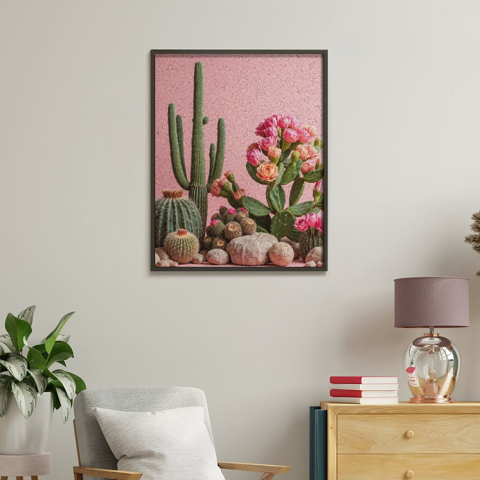 Paint by Numbers Kit for Adults, Pink Cactus Blossoms Desert Rocks Paint by Numbers, Easy Paint by Numbers Kit for Adults Beginner, DIY Adult Paint by Number Kits on Canvas, Home Decor