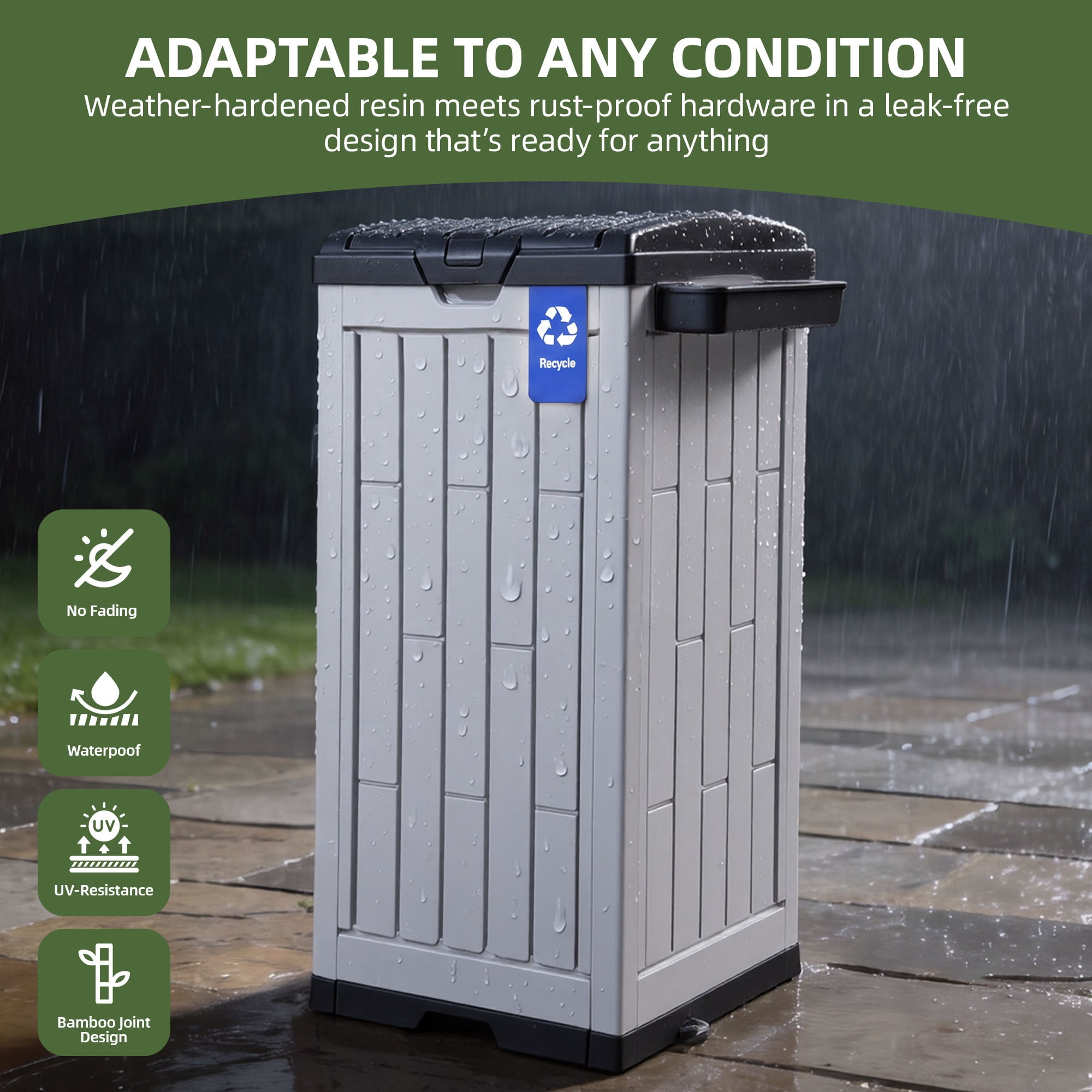 Uforic 38 Gallon Outdoor Trash Can, Resin Garbage Bin with Sorting Labels, Ash Holder, Lid, Stakes & Suction Cups for Patio Backyard Garden, White