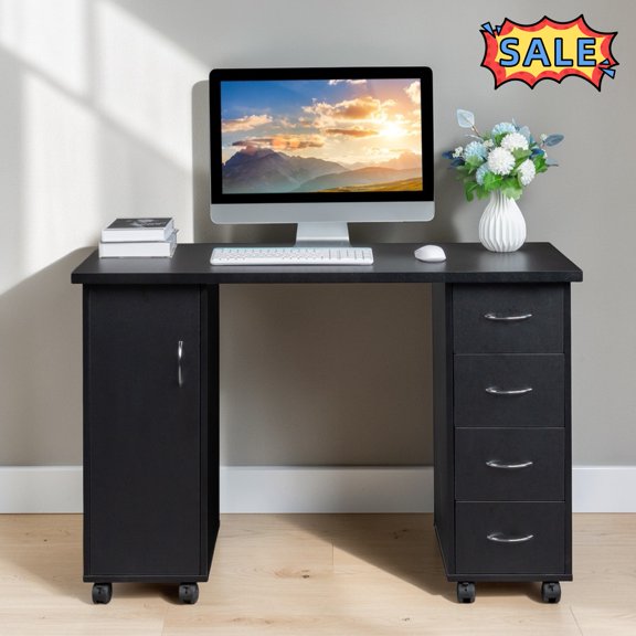 Tcbosik Manicure Nail Table, Nail Desk Station with Wrist Rest, Computer Desk with Door and Drawers, Workstation for Nail Technician Salon, Black