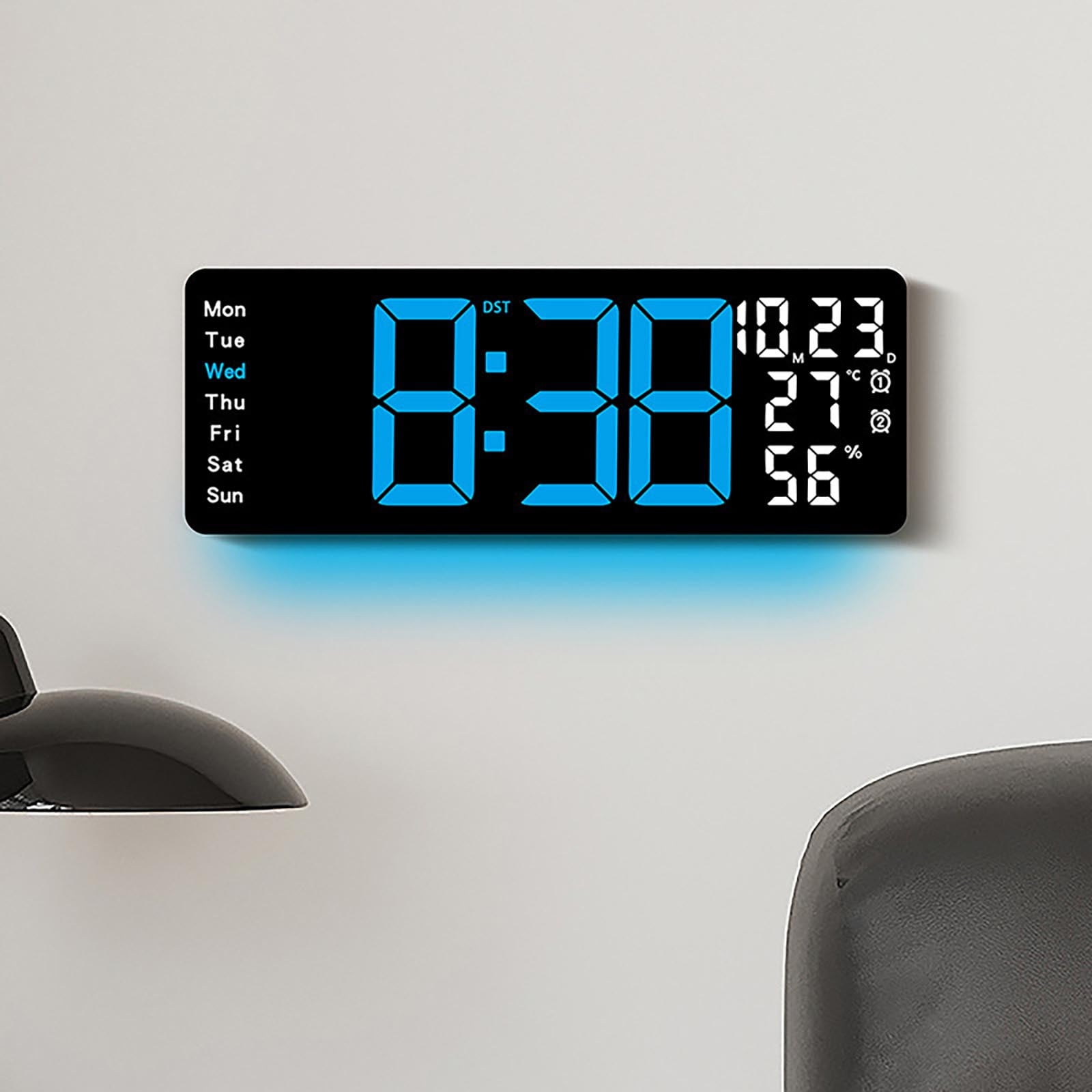 Zzbeans 17.3 Inch Large LED Digital Wall Clock, Multifunctional Electronic Clock with Temperature Humidity Display and Remote Control, Modern Alarm Clock with RGB Night Light for Living Room Bedroom