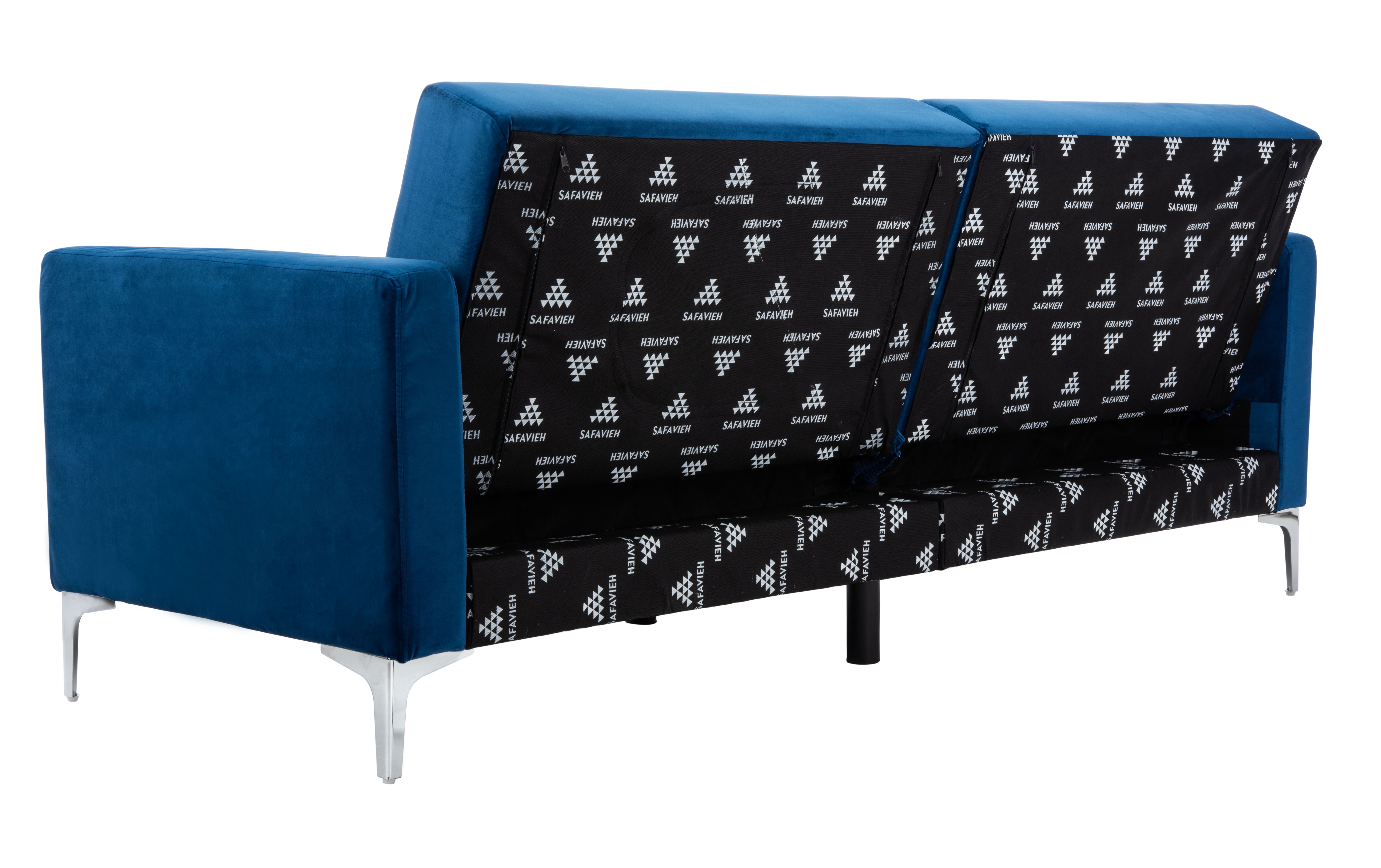 SAFAVIEH Chelsea Transitional Foldable Futon Bed, Navy/Chrome ( 79.1 in. W x 33.1 in. D x 32.7 in. H)