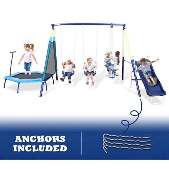 5-in-1 Outdoor Swing Set with Slide, Detachable Trampoline, Swings & Glider, Swing Set for Outside for Kids