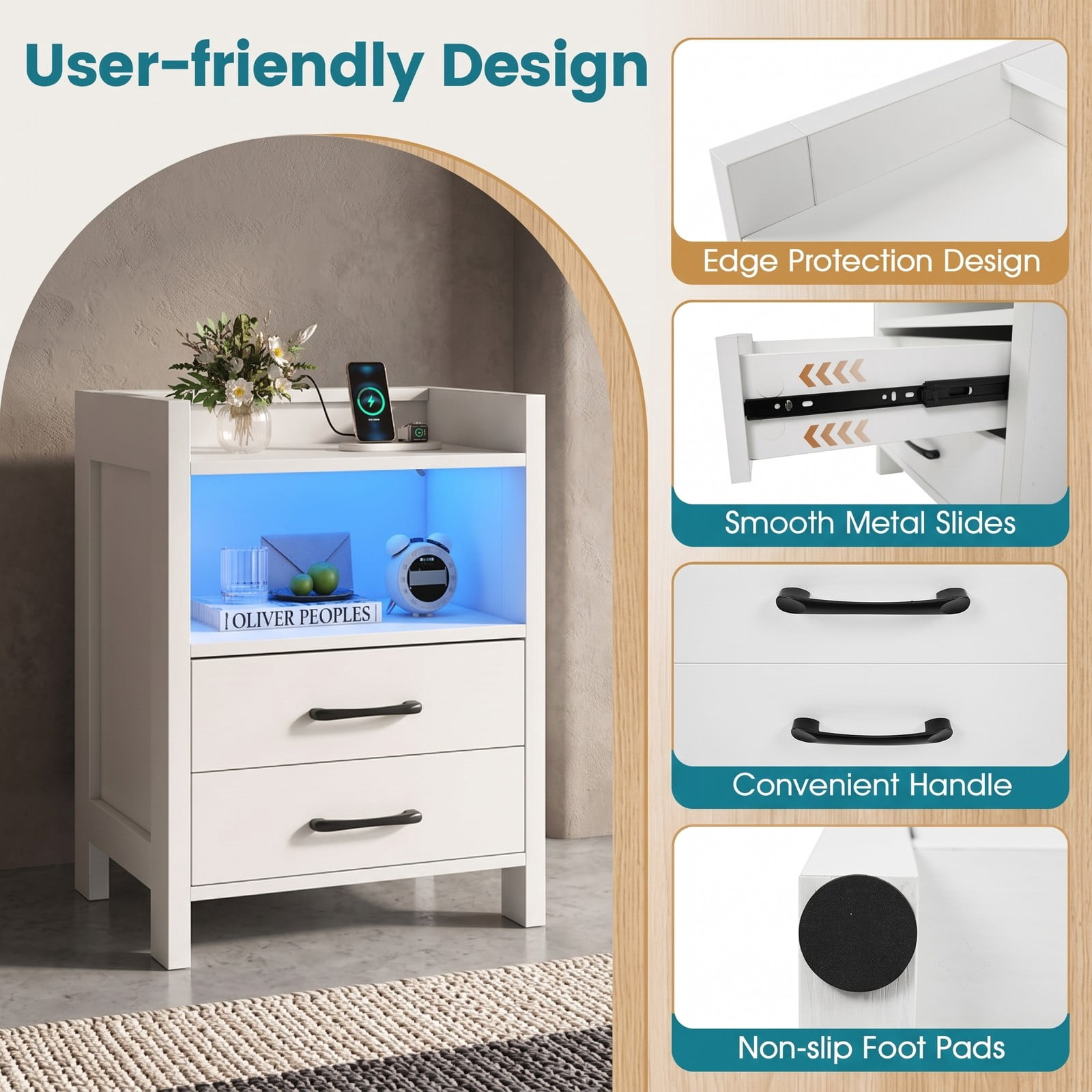 Furnibear 23.5 Inch Nightstand with Charging Station, USB & Type-C Ports, RGB LED Light, 2 Drawers and Open Storage Shelf, Modern Bedside Table for Bedroom, White