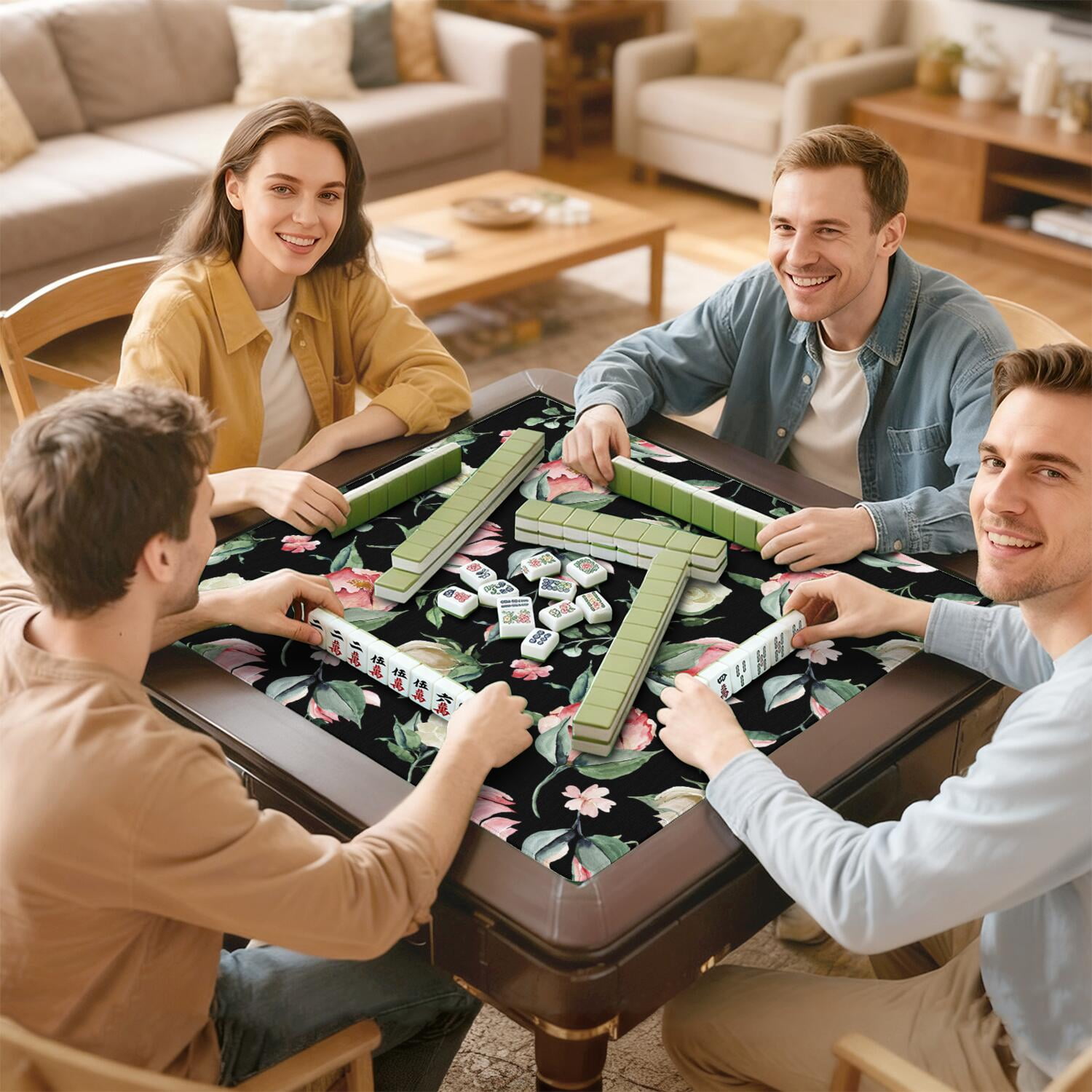 Decorative Floral Rubber Mat for Mahjong Tables 31.5 Inch Square Large Gaming Pad Anti-Slip Feature Quiet Play for Tiles & Game Nights