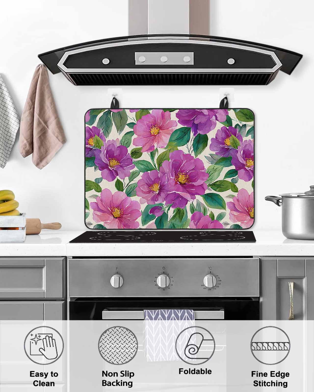Large Induction Cooktop Protector Mat Purple Flowers Stove Top Covers for Electric Stove, Spring Watercolor Floral Leaves Botanical Beige Decorative Stove Burner Cover Mats, Glass Top Stove Cover