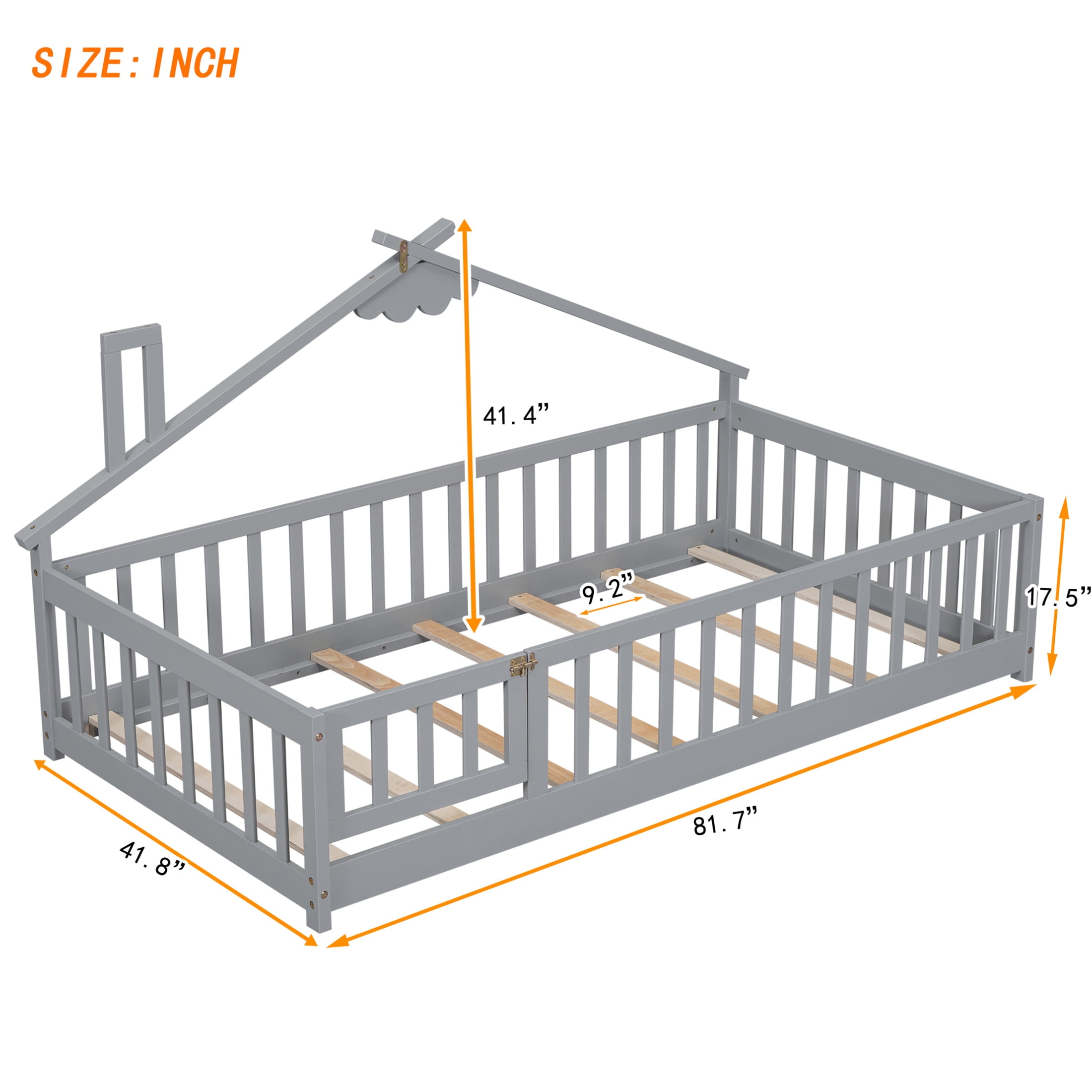 Aukfa Twin Bed Frame, House-Shaped Bedside Floor Bed with Full Length Guardrail Door, Gary