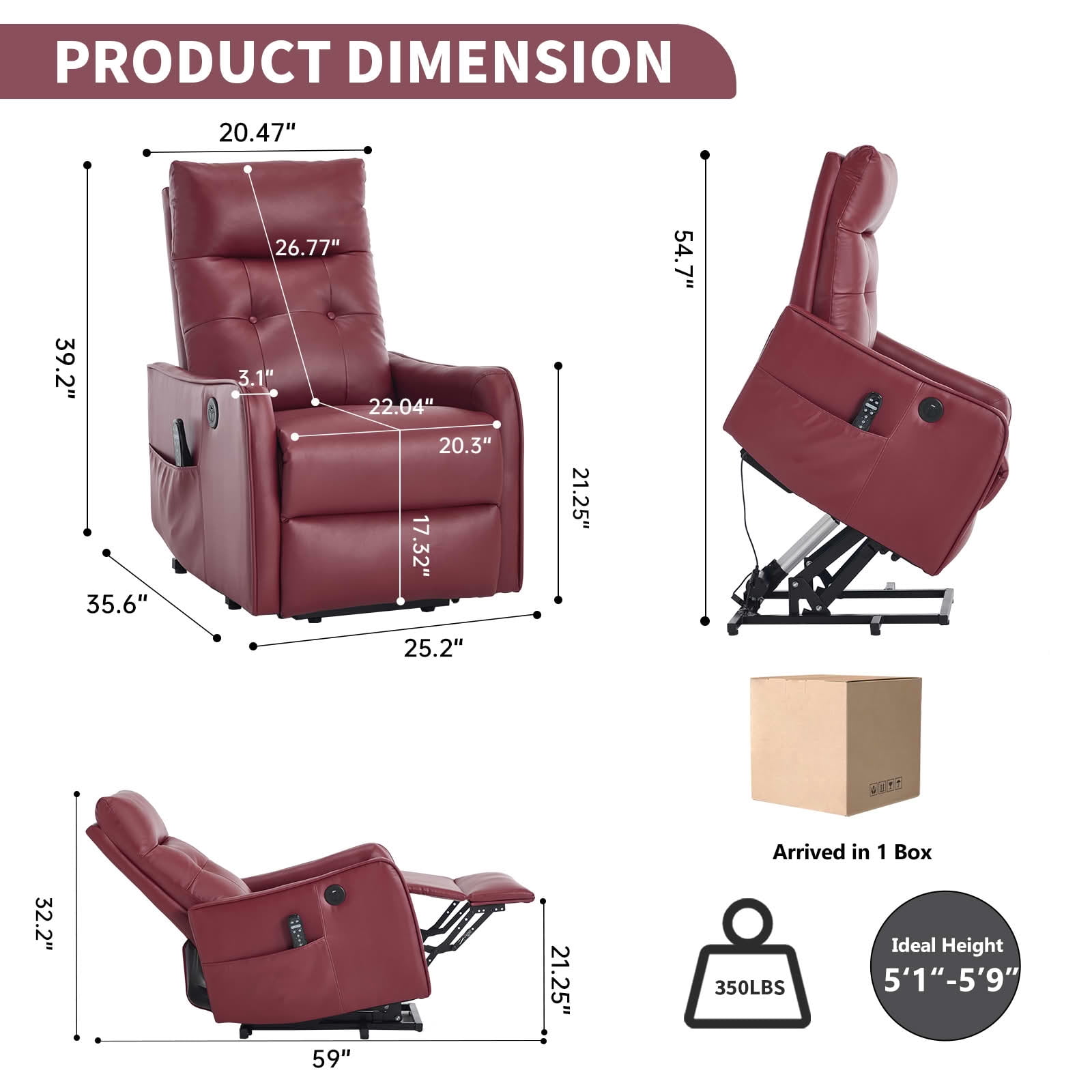 MAYEERTY Red Single Motor Power Lift Recliner Chair, 155° Recline PU Massage Heat Chair with USB for Elderly Living Room