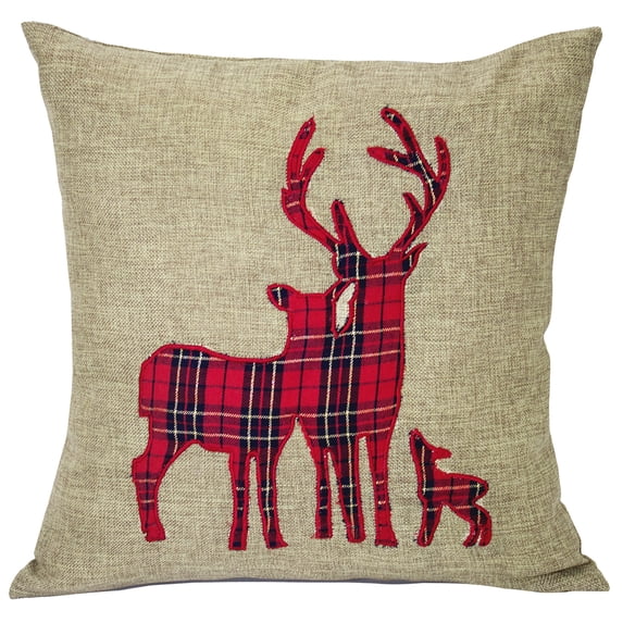 Holiday Deer Tartan Plaid Ruffle Border Christmas Decorative Throw Pillow (17"x17" Deer Family, Case+Insert)