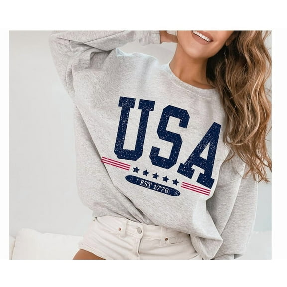 USA Est 1776 Sweatshirt, Faded Vintage Varsity Crewneck, Trendy Patriotic Hoodie for Independence Day